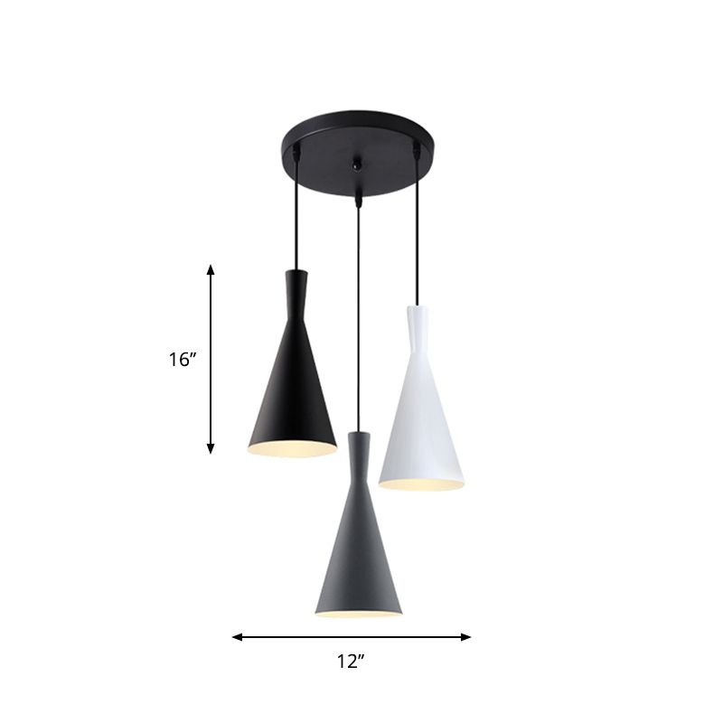 Cluster Funnel Pendant Light Nordic Aluminum 3 Heads Black-Grey-White Suspension Lighting with Round/Linear Canopy