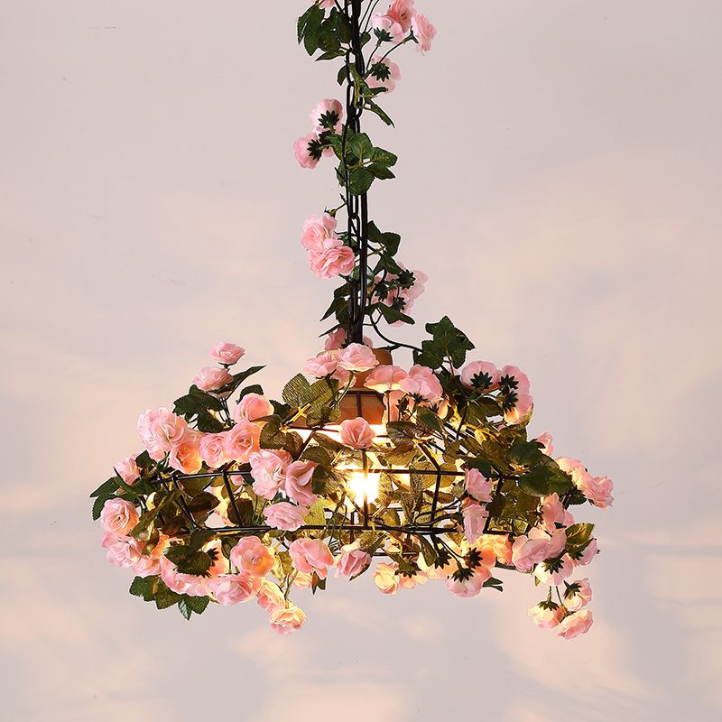 Farmhouse Jar/Diamond/Barn Cage Pendant 1-Light Iron Flower Suspended Lighting Fixture with Wooden Cap in Black