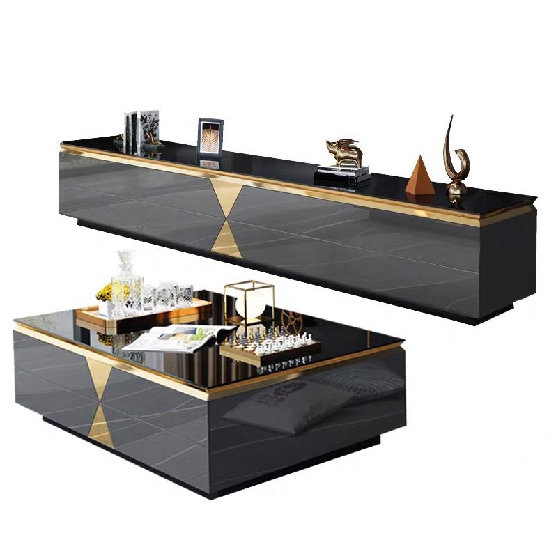 Glass and Wood TV Media Console with Drawers Glam TV Stand Console