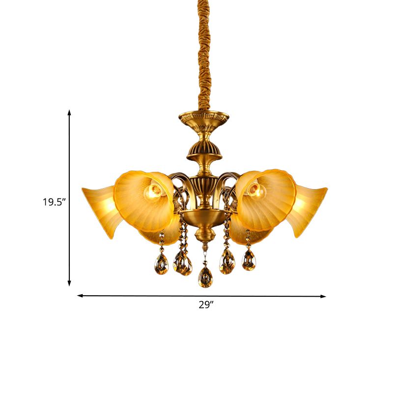 Messing 6 Lichter Federlampe Klassiker Draping Kristallkugel Glocken Schatten Kronleuchter Beleuchtung