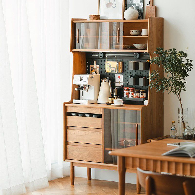 Glass Door Storage Cabinet Solid Wood Buffet Cabinet with Drawers