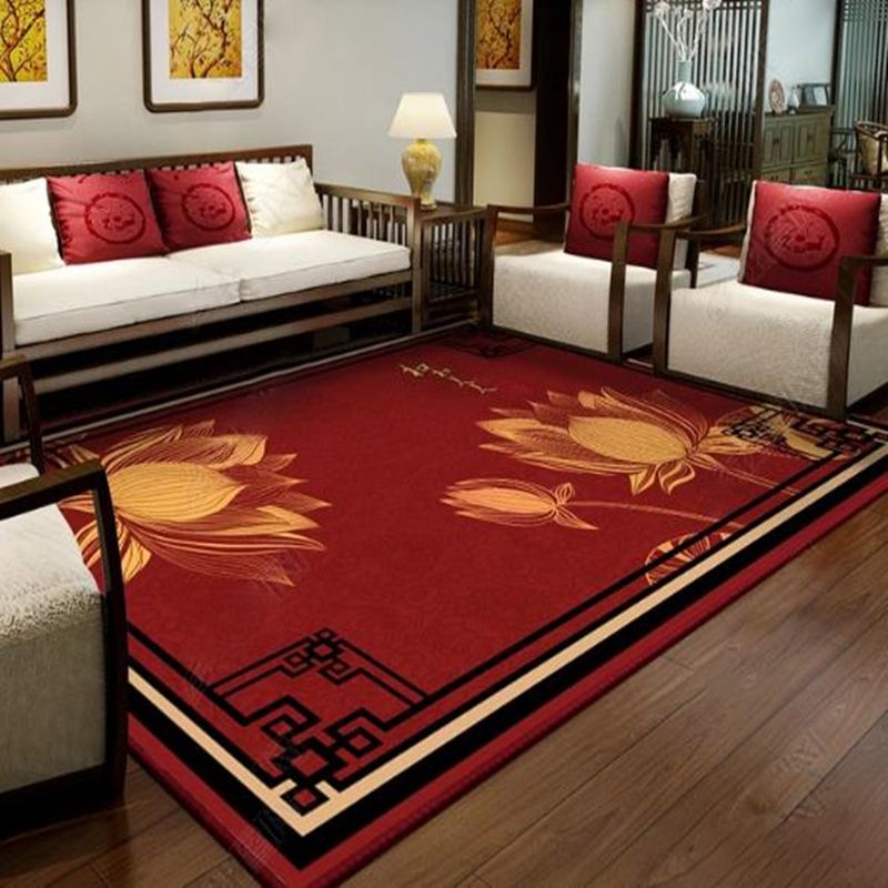 Red Tone Ginkgo Biloba Print Rug Polyester Nostalgia Anti-Slip Backing Indoor Rug for Living Room