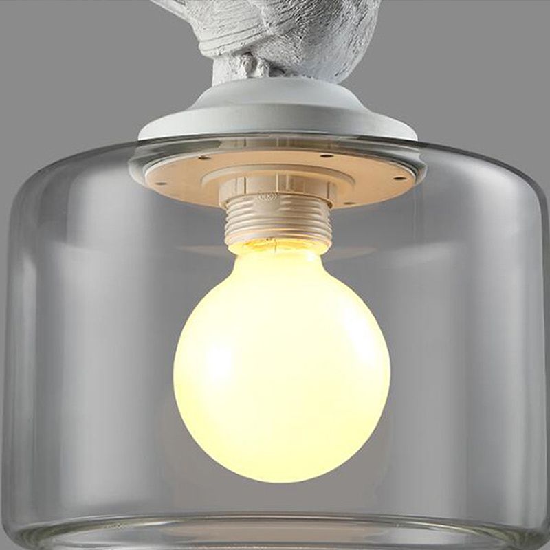 Drum Pendant Light Fixture Contemporary Clear Glass 1 Head Restaurant Hanging Lamp with Bird Decoration