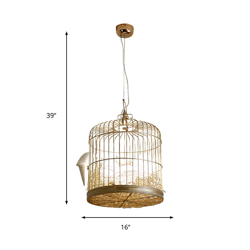 Matte White Glass Egg Shaped Chandelier Rustic 3 Lights Hanging Light Fixture with Bird and Birdcage