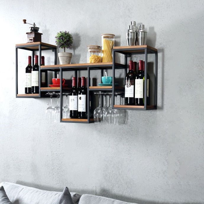 Industrial Wall Mounted Bottle Wine Rack Metal Wine Rack in Antiqued Black