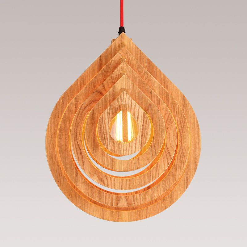 1 Bulb Living Room Ceiling Light Asia Beige Suspended Lighting Fixture with Droplet Wood Shade