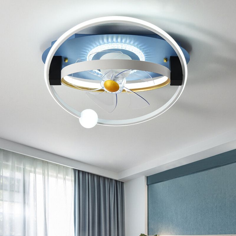 Round Shape Metal Ceiling Fans Kid Style 4 Lights Flush Ceiling Fan