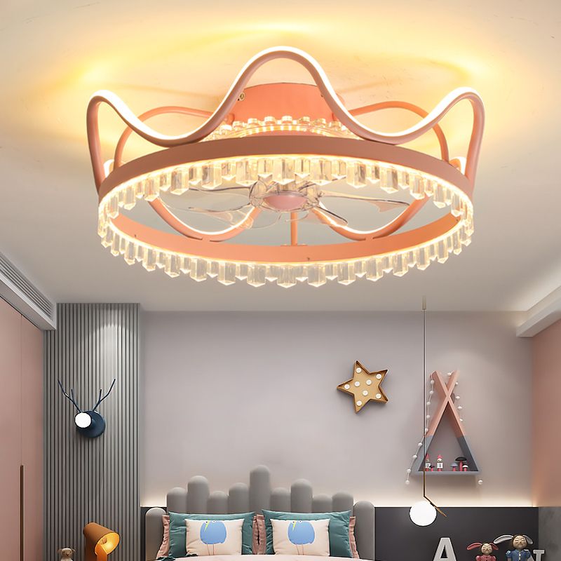 Circular LED Ceiling Fan Lamp Stylish Nordic Metal Kids Bedroom Semi Flush Mount Light