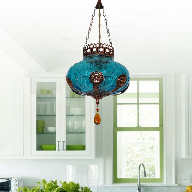 1 Light Pendant Light Fixture Moroccan Oval Blue Texture Glass Suspension Lamp for Dining Room