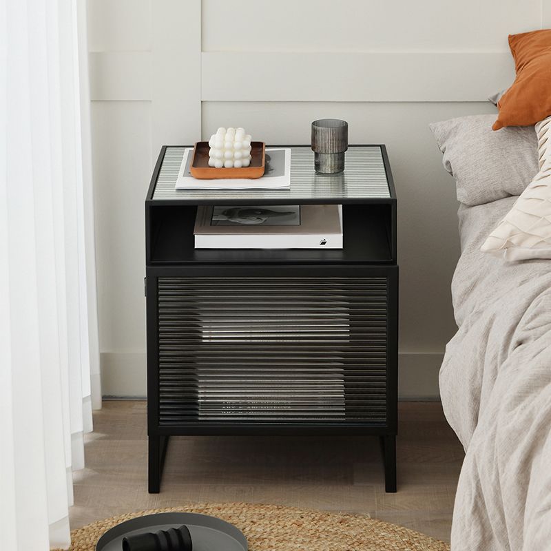 Wooden and Glass Bedside Table Modern Minimalist Bed Nightstand with Legs