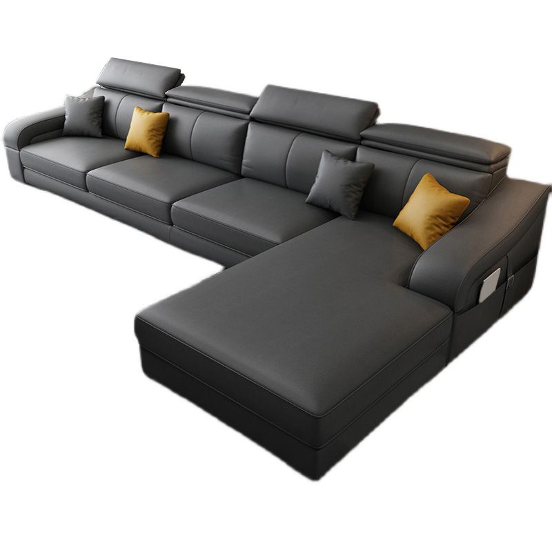 Dark Gray Faux Leather Sloped Arm Sofa Slipcovered Sectional with Pocket Storage