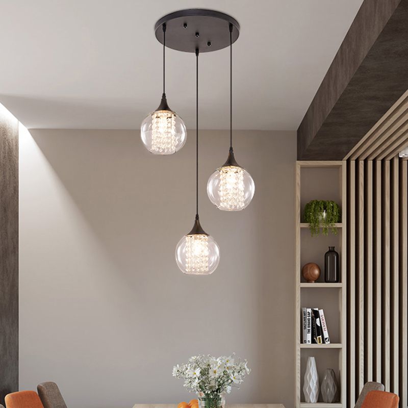 Eenvoudige stijl bol multi plafond licht helder glas 3 bollen eetkamer hangende lamp in zwart, ronde/lineaire luifel