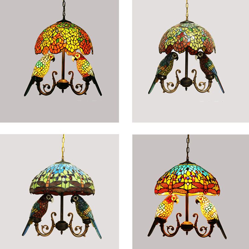 Wrought Iron Pendant Light in Tiffany Artistic Style Parrot Glass Ceiling Light for Corridor