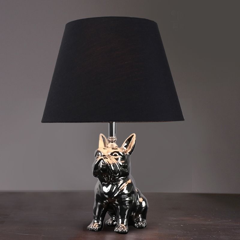 Silver/Gold 1 Head Night Lamp Traditional Resin Dog Nightstand Light with Conical Fabric Shade for Bedroom