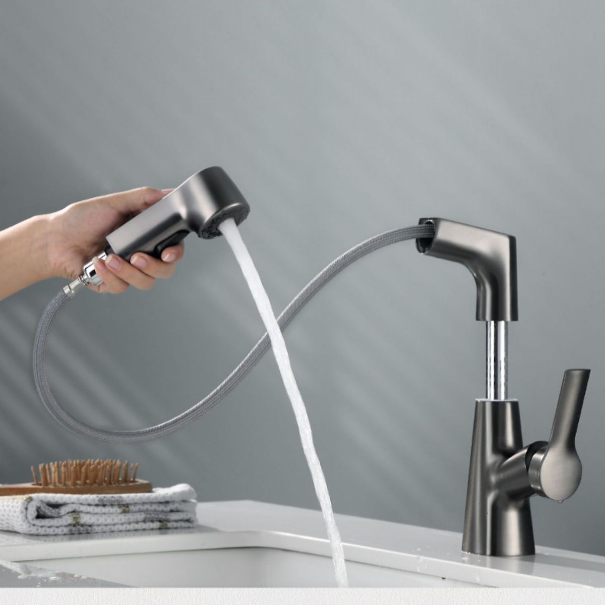 Modern Low Arc Sink Faucet with Single Handle Bathroom Lifting Faucet