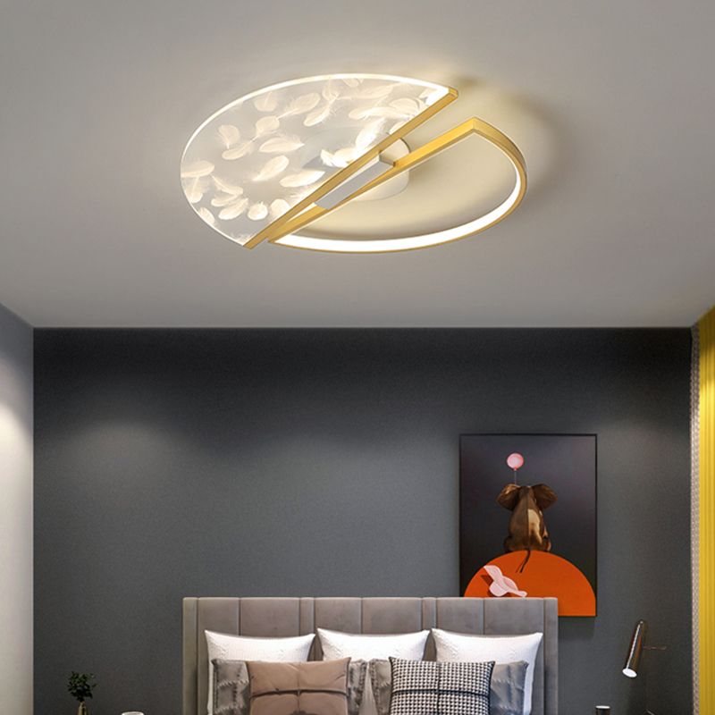 Round Shape LED Feather Ceiling Lamp Modern Iron 2 Lights Flush Mount for Study