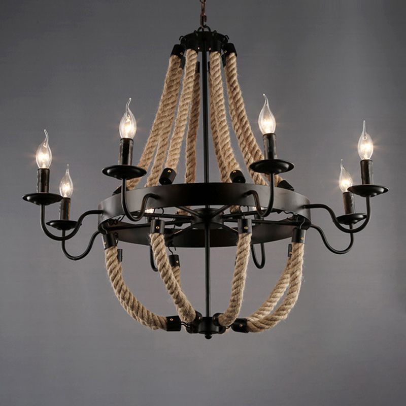 Black Wagon Wheel Hanging Chandelier Industrial Rope Restaurant Ceiling Hung Fixture