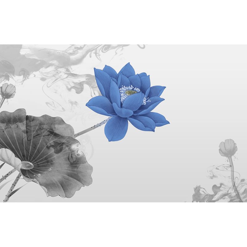 Full Size Lotus Wall Mural Blue and Grey Non-Woven Material Wall Art for Accent Wall, Custom-Printed