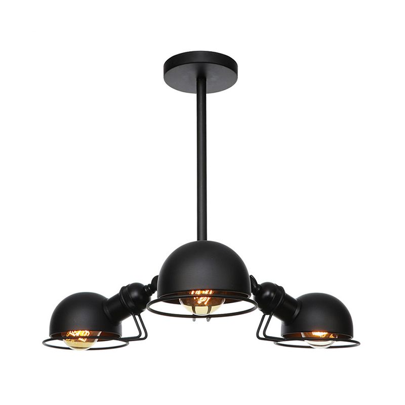 Domed Metallic Pendant Lighting Industrial Style 3 Bulbs Black/Brass Finish Chandelier Light with Wire Frame