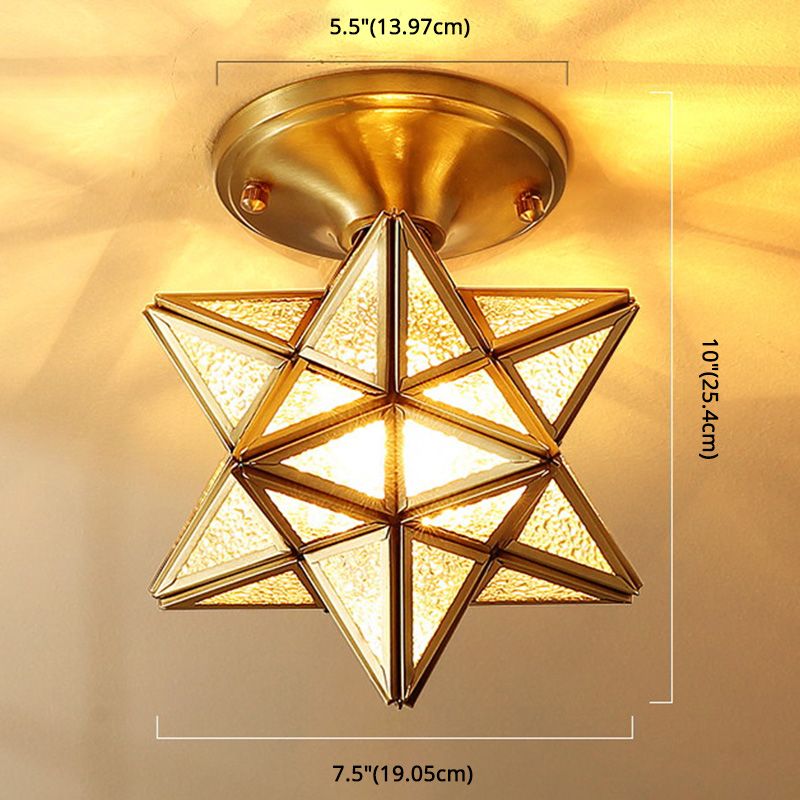 Full Brass European Style Ceiling Light with Glass Shade 1 Light Polyhedron Flush-mount Light for Bedroom