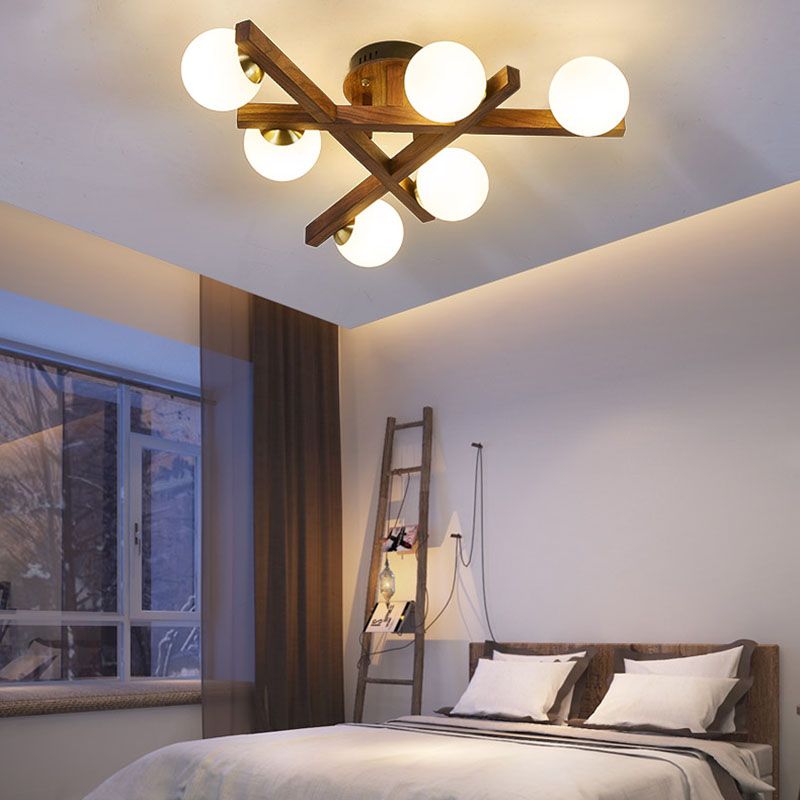 Balls Living Room Semi-Flush Ceiling Light Wood Nordic Style Semi Mount Lighting