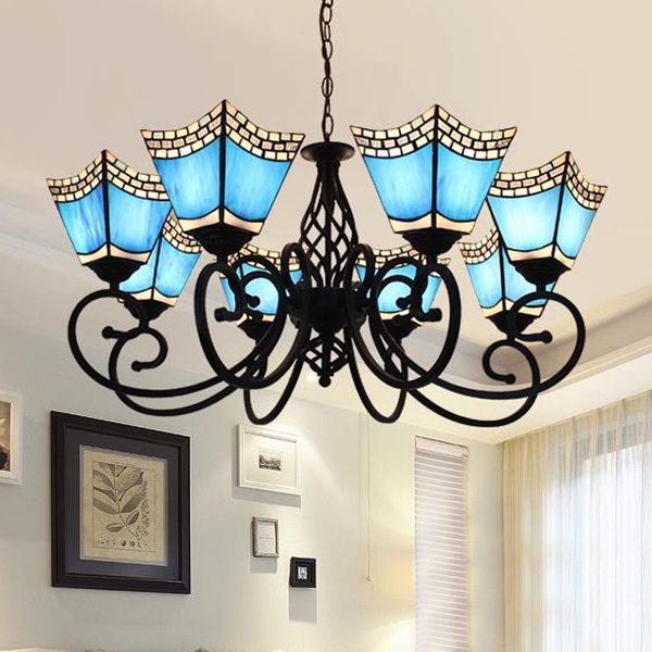 Nautical Trapezoid Hanging Light with Blue Glass Shade 8 Lights Living Room Lighting