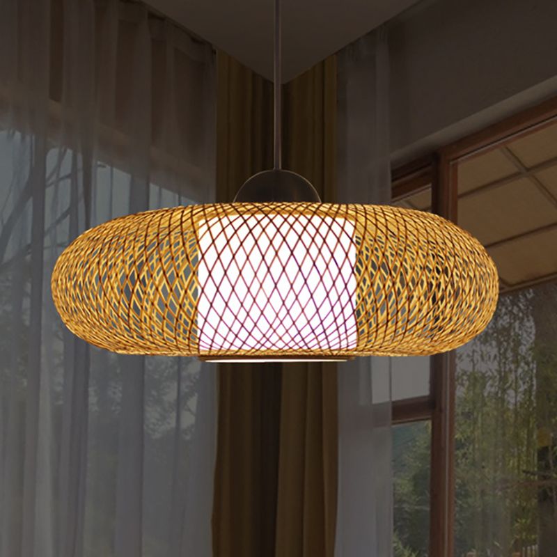 Black/Wood Cross Woven Hanging Pendant Light with Drum Shade Contemporary 1 Head Bamboo Hanging Lamp