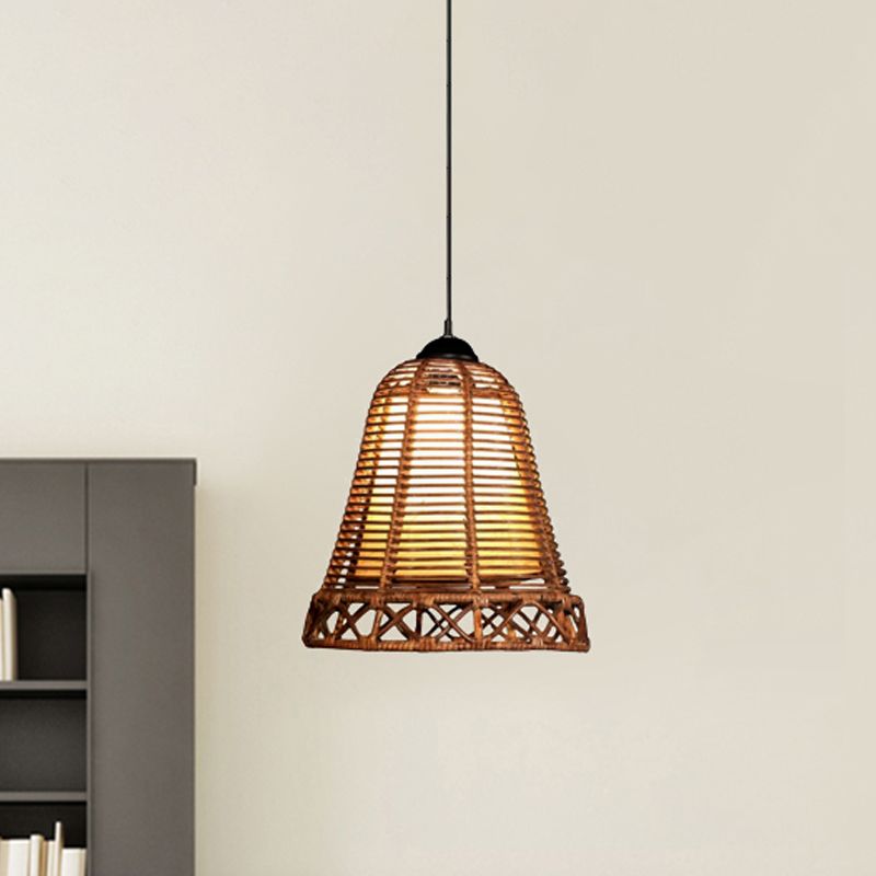 Rattan Bell Shaped Hanging Light Rustic Style 1 Head Beige Drop Light for Living Room Restaurant