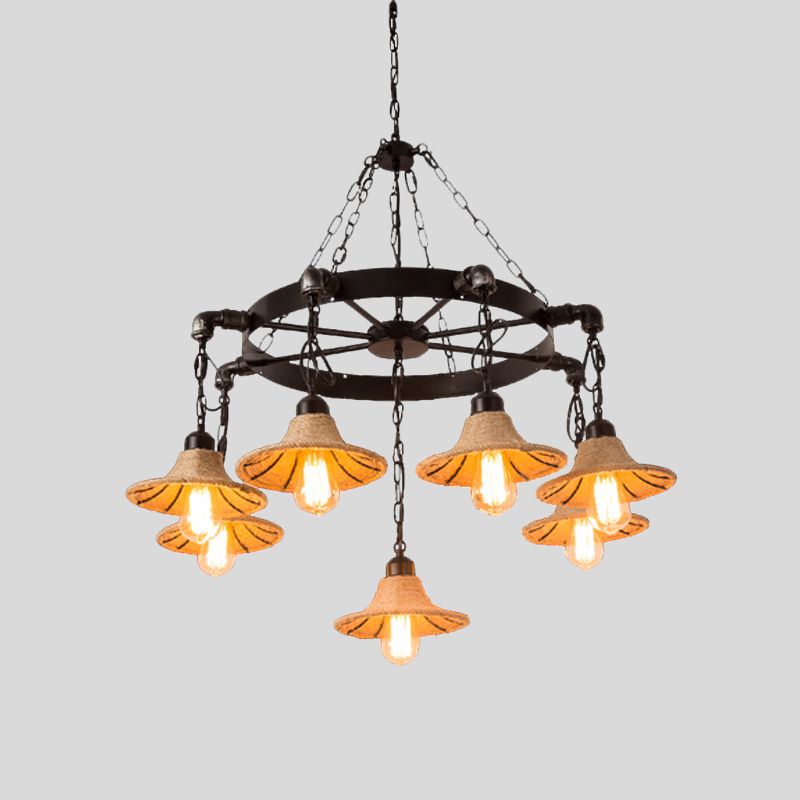 Warehouse Wheel Chandelier Light 7/9 Heads Metal Hanging Lamp Kit in Beige with Flared Rope Shade