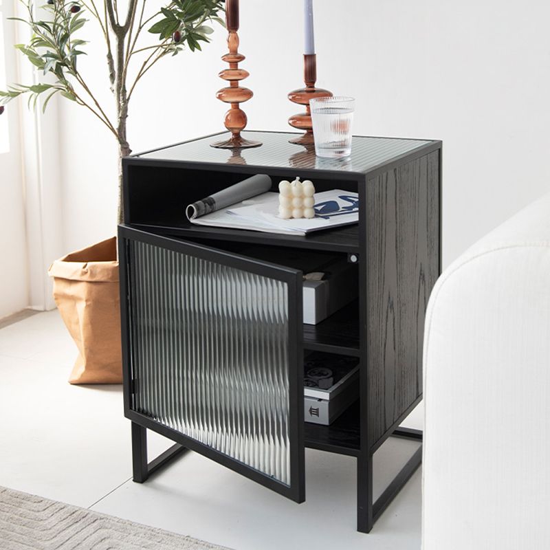 1 Door Contemporary Nightstand Iron Glass Top Bedside Cabinet With Legs .22.8" Tall