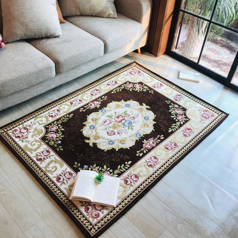 Antique Living Room Rug Multicolored Floral Printed Area Carpet Polyster Non-Slip Backing Easy Care Indoor Rug