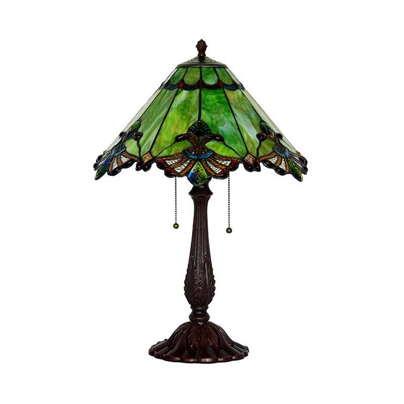 Emerald Green Glass Bronze Table Lamp Swan-Edge Conical 2-Bulb Baroque Style Nightstand Light