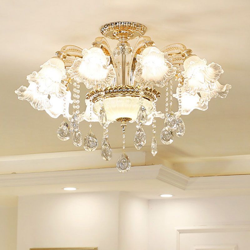 Blossom Pendant Lamp Modern Style Frosted Glass Corridor Chandelier Light with Crystal Ball in Gold