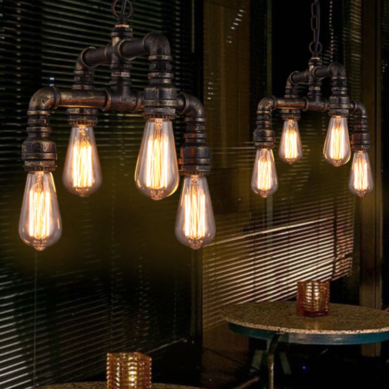 Industrial Plumbing Pipe Chandelier Pendant Light 4 Bulbs Iron Hanging Light in Rust