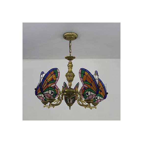 Loft Style Butterfly Ceiling Light Fixture with Adjustable Chain Stained Glass Foyer Pendant Light in White/Red/Blue/Orange-Green