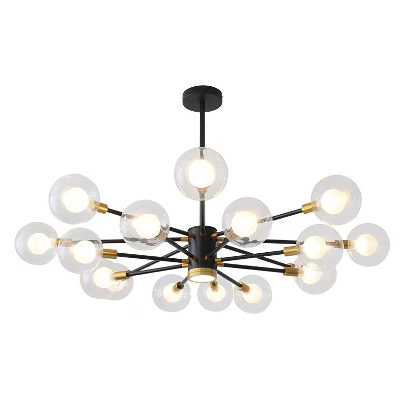 Modern Metal Radial Hanging Chandelier Light Spherical Clear Glass Shade Suspension Light  in Black