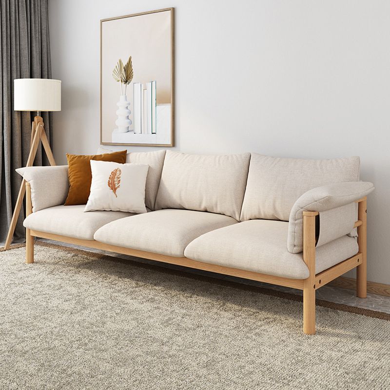 Beige Linen Modern Square Arm Sofa Wooden Standard Sofa for Living Room