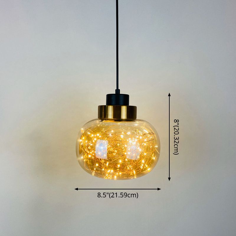 Glazen pot hanglamp lampje armatuur moderne koperen afwerking plafond hang lamp met led string