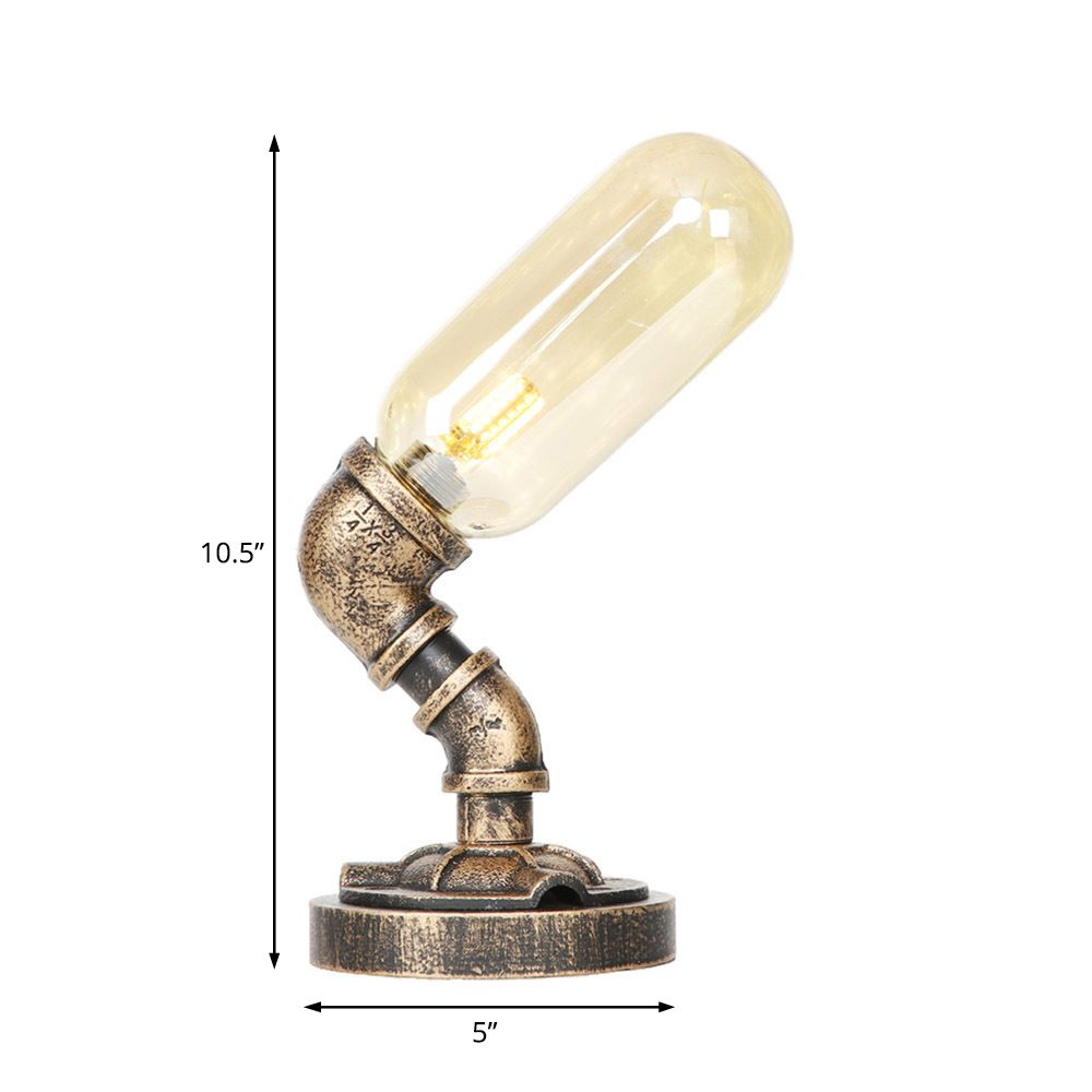 Capsule Bedroom LED Night Light Industrial Amber/Clear Glass 1 Head Nickel Table Lamp with Pipe Metal Base