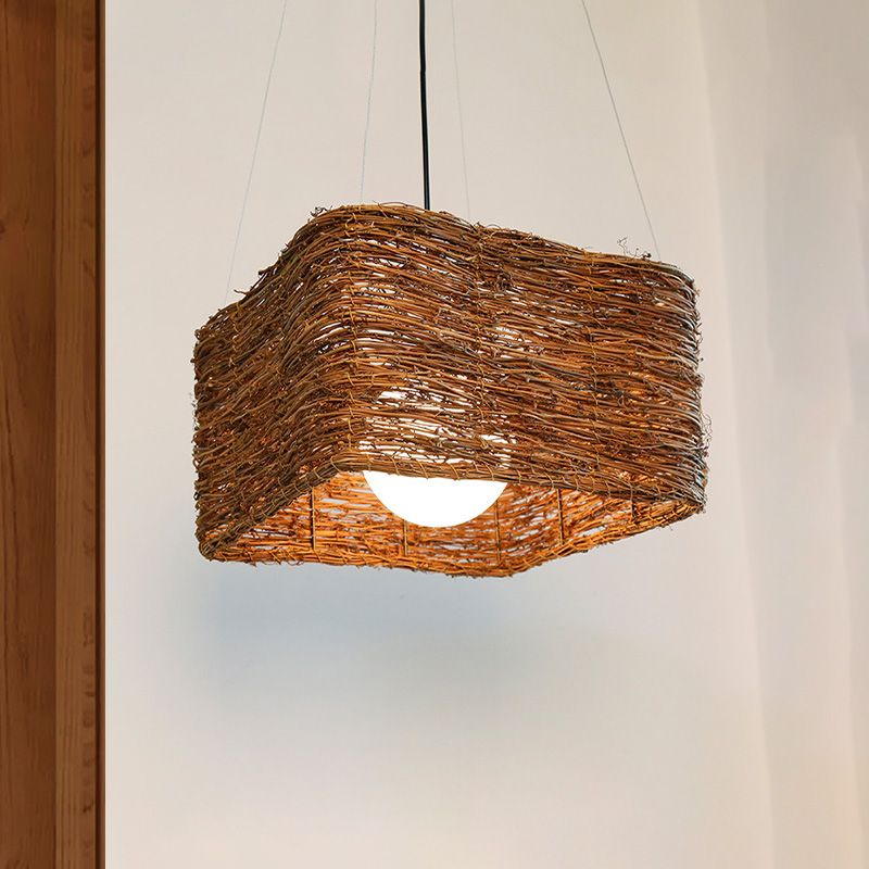 1 Apparecchio di illuminazione a sospensione rattan giapponese a pendente rettangolare in marrone