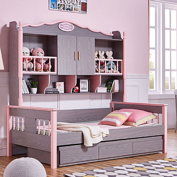 Scandinavian Standard Bed Solid Wood Pink and Brown Panel Bed with Headboard