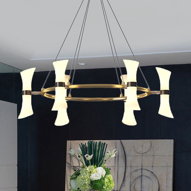 Modern 6 Heads Hanging Chandelier Gold Flared Ceiling Suspension Lamp with Frosted Glass Shade