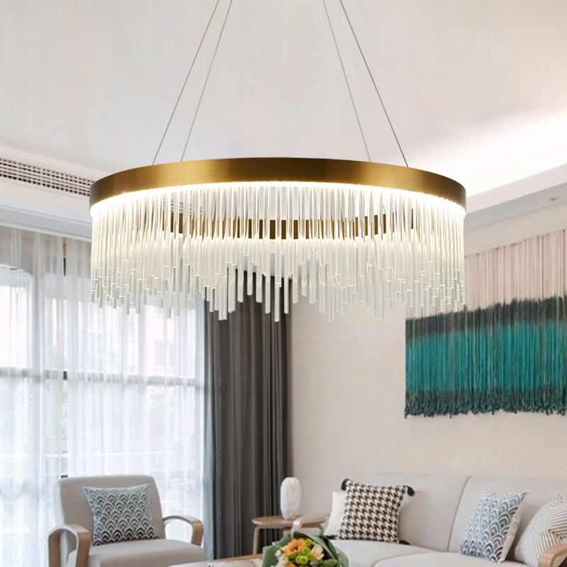 Tube Hanging Chandelier Modernist Crystal LED Brass Ceiling Pendant Light in Warm/White Light, 16"/23.5"/31.5" Wide