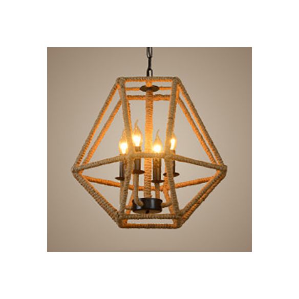 4 Bulbs Chandelier Light Country Geometric Cage Shade Hemp Rope Ceiling Pendant Light in Beige for Kitchen