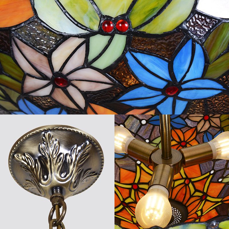 Lampada appesa floreale 3 lampadine colorate in vetro Tiffany Lodge Lampadella a soffitto in ottone antico finitura