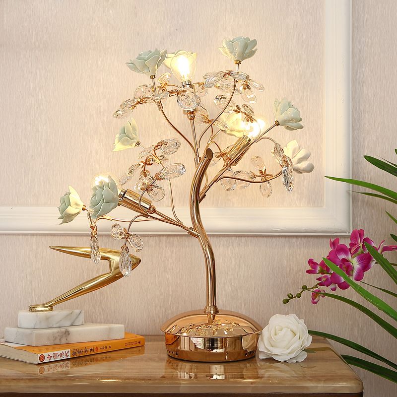 Ceramic Green Nightstand Light Spring Blossom 3 Lights American Garden Table Lamp