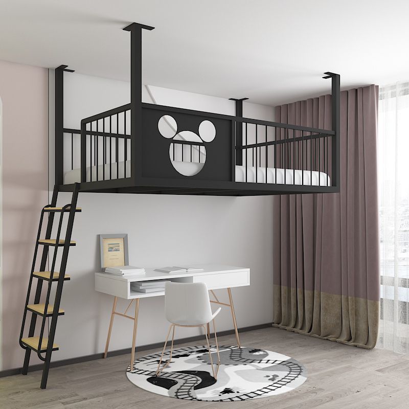 Metal Loft Bed Scandinavian White/Black Kids Bed with Built-In Ladder and Guardrail