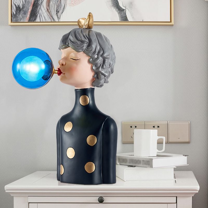 Blowing Bubble Girl Resin Desk Light Cartoon 1 Bulb Black Night Lamp with Clear/Blue/Green Glass Shade