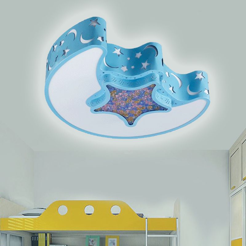 LED Nursery Flush Mount Fixture Simple White/Pink/Blue Ceiling Flush with Star and Moon Acrylic Shade in Warm/White Light