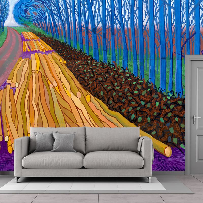 Modern Art Winter Timber Mural Decal Blue-Purple-Yellow Moisture Resistant Wall Covering for Home